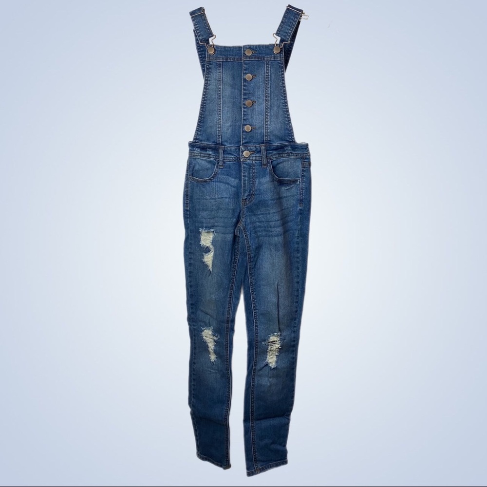 REFUGE Denim Jean Overalls Stretch Button Front Bib Slim Skinny XS Extra Small